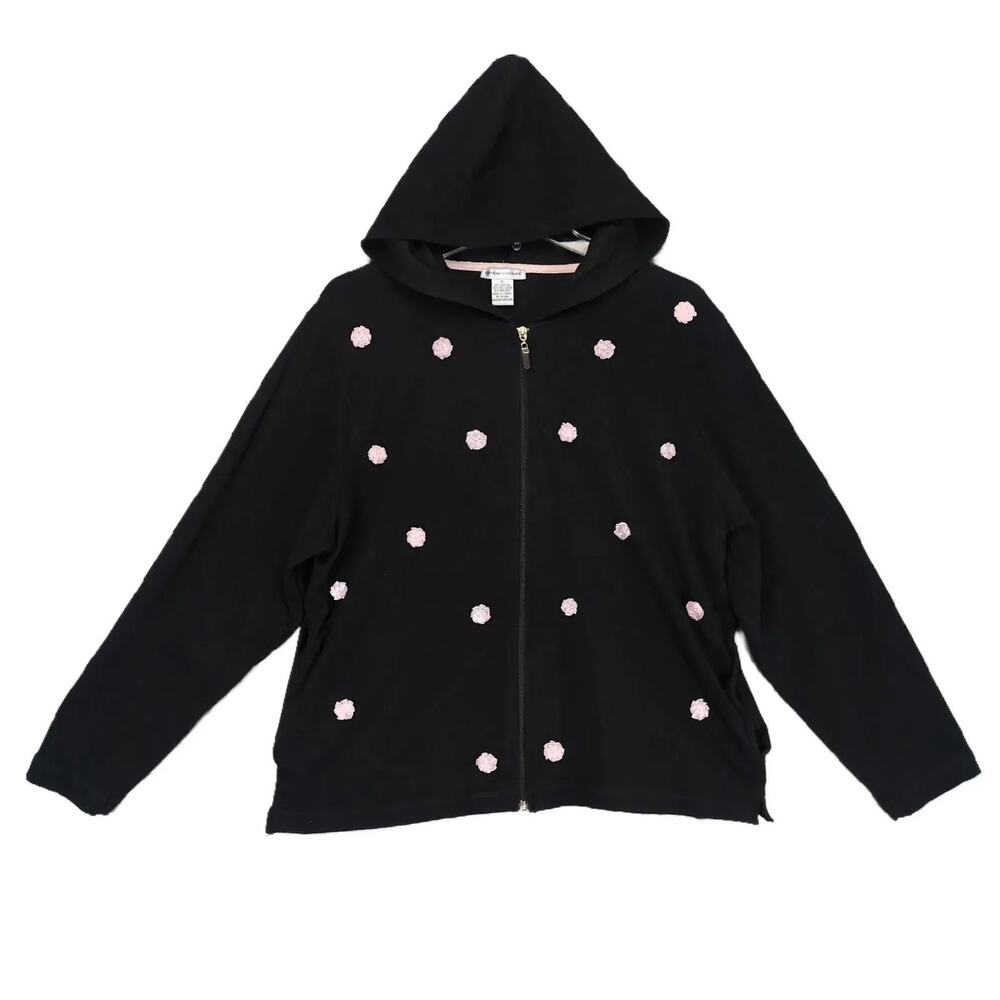 Vtg Y2K Cotton Couture Women's XL Pink Rosettes‎ Full-Zip Black Hoodie Jacket